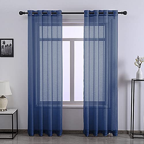 Dark Blue Sheer Curtains 84 Inches Long for Bedroom - Grommet Top Semi Sheer Curtains for Living Room Window Treatment - Navy Blue 2 Panels