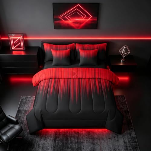 Feelyou Abstract Ombre Comforter Set with Sheets Kids Teens Red and Black Girls 7 Piece Bedding Set Room Decor Fashion Modern Women Bed in a Bag Bedroom Collection Full Size