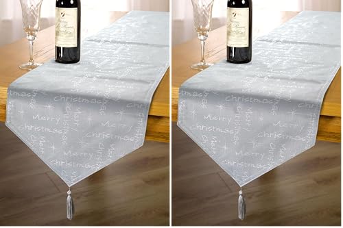 Emma Barclay Merry Christmas - Metallic Woven Jacquard Chrismas Table Runner in Silver - 13x72 (33x183cm) (Pack of 2)