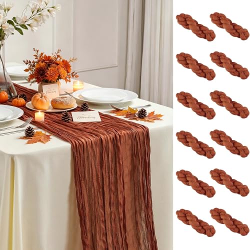 AGIRL 12 Pack Terracotta Cheesecloth Table Runner 10FT Long Boho Gauze Table Runner Rustic Sheer Runner for Wedding Bridal Baby Shower Birthday Party Table Decor Fall Thanksgiving Christmas Decor