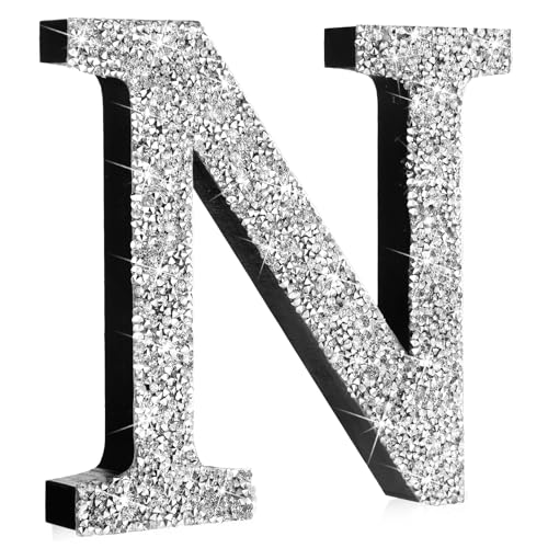 "Qunclay Silver Crystal Diamond Bling Letters Crushed Diamond Decorations Glitter Letters with Screw and Hooks Rhinestone Gifts for Wedding Birthday Wall Bedroom Bathroom Decor(Letter N,5.7""l X 5.7""w)"