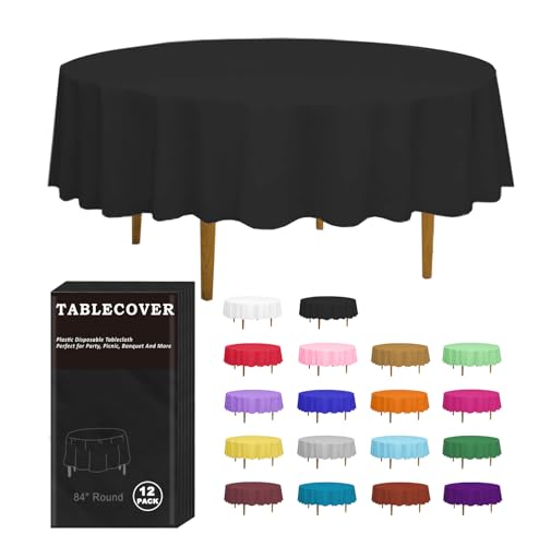 "D&Z 12 Pack Black Plastic Tablecloth Table Cloth 84"" Round Disposable Table Cover for Party Birthday Wedding Christmas Thanksgiving"