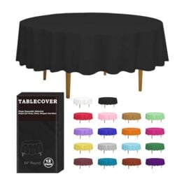 "D&Z 12 Pack Black Plastic Tablecloth Table Cloth 84"" Round Disposable Table Cover for Party Birthday Wedding Christmas Thanksgiving"