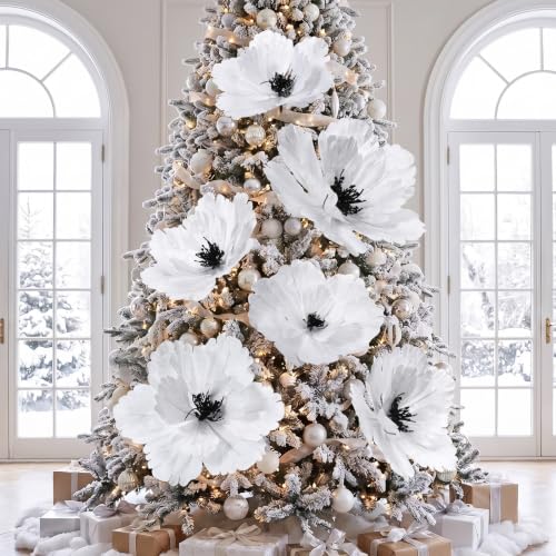 Janinka 6 Pcs Extra Large Christmas Flowers 22'' 12'' Magnolia Artificial Flowers Velvet Christmas Tree Decoration Large Xmas Artificial Poinsettia Ornaments for Xmas Tree Wreath Garland(White)