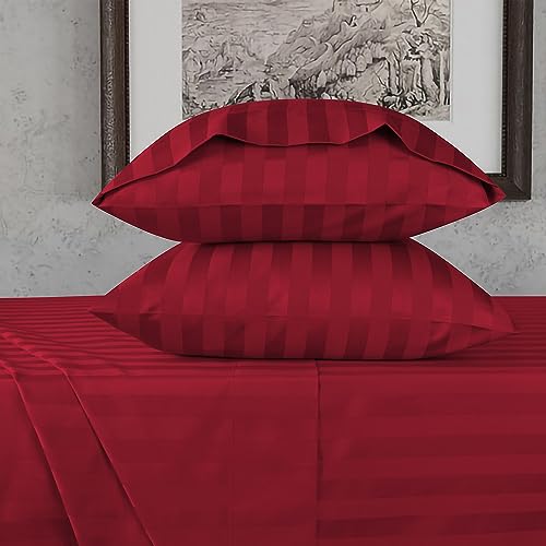 URBANHUT 100% Cotton Damask Queen Size Sheets, 4 Piece Hotel Style Sheet Set Bed Sheet for Queen Size Bed, Sateen Weave Stripe Sheets, 16'' Elasticized Deep Pocket - Burgundy
