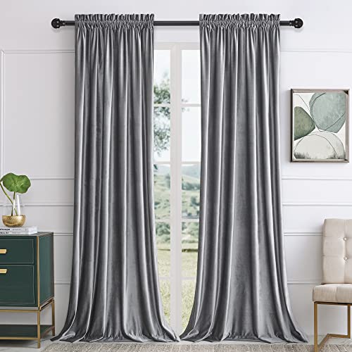 PRIMROSE Grey Curtains 84 inch for Living Room Velvet Blackout Rod Pocket Window Drapes Treatment Semi Room Darkening Decor Curtains for Bedroom Set of 2 Panels