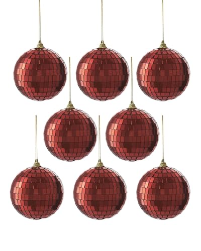 Set of 8 Disco Ball Baubles, Red, 8 cm