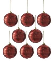 Set of 8 Disco Ball Baubles, Red, 8 cm