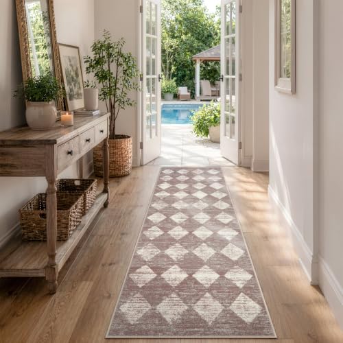 Lahome Moroccan Treills Runner Rug - 2x6 Beige Washable Rug Runner Carpet Runners for Hallway 6ft Non Skid, Checkered Long Kitchen Bathroom Non Skid Runner Rug for Bedroom Hallway Entryway