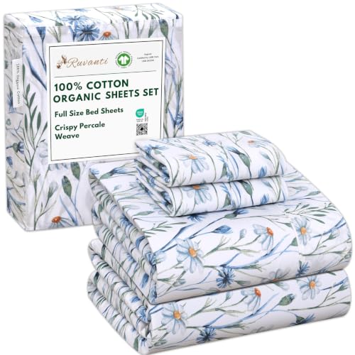"Ruvanti 100% Cotton Organic Percale Sheets Full Size, Daisy Bud - 4 Piece Full Sheet Set, 15"" Deep Pocket, Soft Peach Finish, Crisp Cooling for Hot Sleeper, Breathable & Durable"