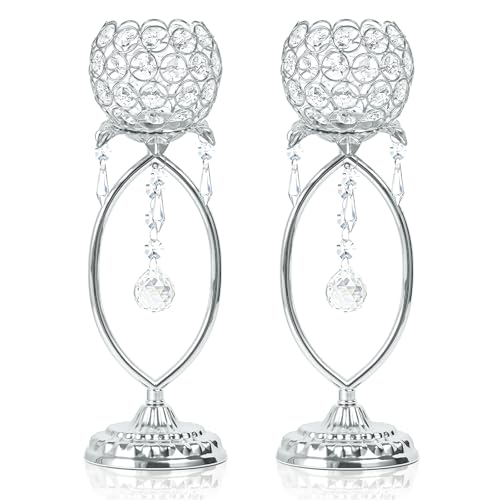 kehail 2 Pcs Elegant Metal Crystal Tea Light Candle Holders with Crystal Pendants, Hollow Design - Wedding Table Centerpieces for Anniversary Birthday Party, Home Decor (2, Silver)