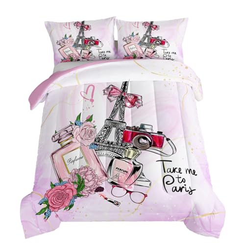 HOSIMA Pink Paris Bedroom Comforter Set, French Eiffel Tower Bedding Sets, Romantic Paris Decor for Bedroom, Fluffy Comforter 3 Pcs Twin Size