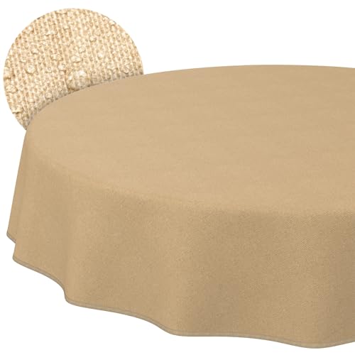 ANRO Washable Tablecloth Beige Linen Look with Hem Round Diameter 120 cm - Edged with hem, table linen made of coated fabric, dirt and water-repellent, easy to clean, washable at 30 ??C