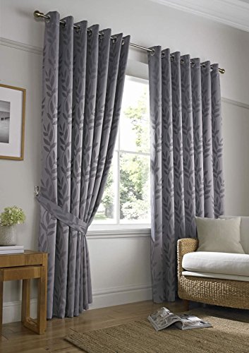 "Tivoli, Silver Lined Curtains, Trailing Leave Floral Jacquard Design, Eyelet Curtain Pairs, 66"" x 90"""