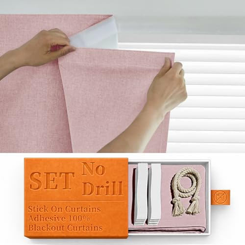 Sovtfides 100% Blackout Self Adhesive Portable Curtains for Bedroom Easy to Install Window Thermal Lnsulated Kitchen Room Darkening Small Window Curtains, W35 x L80 inch, 1 Panel, Light Pink