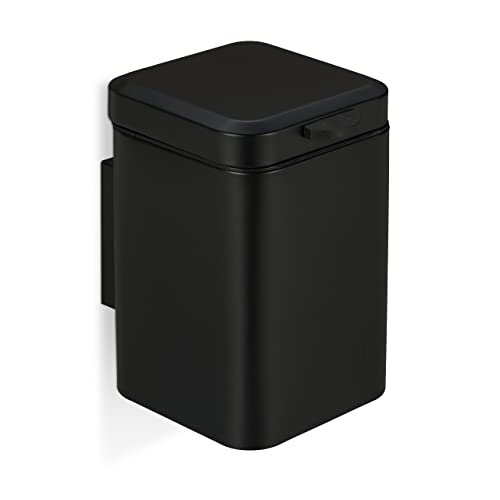 Relaxdays Wall Mounted Bathroom Bin, 3 L, Drop-down Mechanism, Removable Inner Bucket, Cosmetic Waste Can, Steel, Black