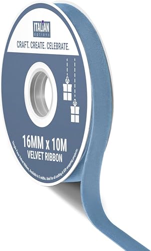 Italian Options Velvet Ribbon, Luxury, Single-Face Velvet Ribbon for Crafting, Christmas, Bows, Hair, Cakes, Weddings, Ornaments, Gift Wrapping, Flowers, 16mm x 10 Metre Roll, Vintage Blue