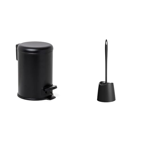 TATAY Bathroom Bin with Stainless Steel Pedal, 3L Capacity,Black Color, Measures 17.5 x 22.5 x 25 cm & Standard Toilet Brush, Polypropylene,Black Color, Measures 12 x 12 x 12 x 38 cm.