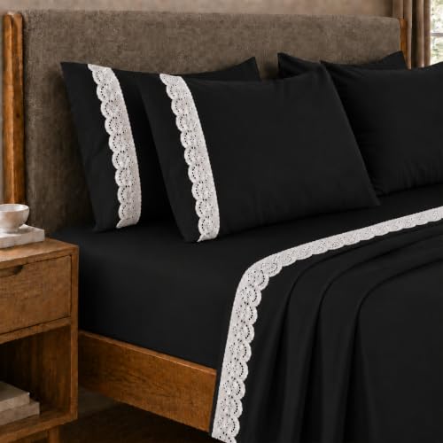 PETTI Artigiani Italiani - Set of Double Bed Sheets Percale Cotton with Black St. Gallen Lace, 4-Piece Bed Set, 100% Made in Italy
