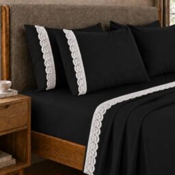 PETTI Artigiani Italiani - Set of Double Bed Sheets Percale Cotton with Black St. Gallen Lace, 4-Piece Bed Set, 100% Made in Italy