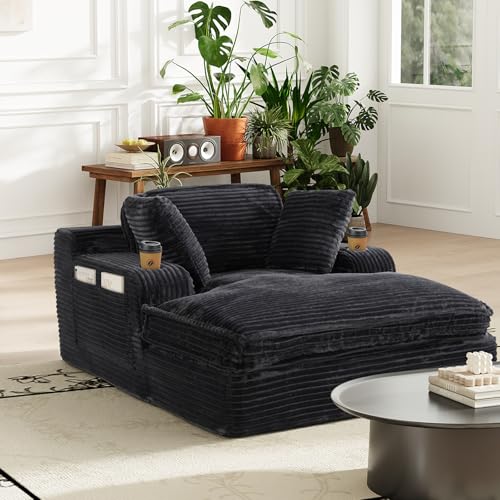 COLAMY Chaise Lounge Chair, Corduroy Single Sofa Bed with Pillow & Cup Holders, Double Layer Cushion Lounger Chair for Living Room, Bedroom or Guest Room, No Assembly Needed, Black