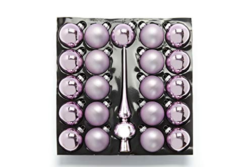 Heitmann Deco Set of 21 Glass Baubles + Tree Topper - Christmas Tree Decorations for Hanging - Christmas Tree Baubles - Pink