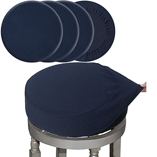 "BUYUE 4 Pcs Dia.16-18"" Round Bar Stool Covers Stretchy Washable for Upholstered Chairs, Jacquard Dustproof Stool Seat Slipcover, L-Navy Blue-Set of 4"