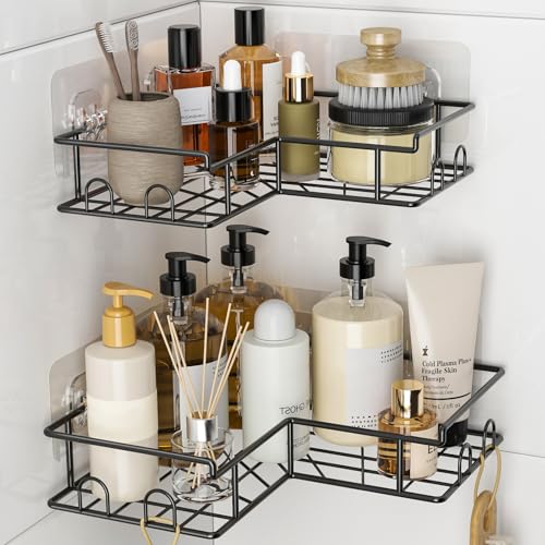 Diboniur Corner Shower Caddy 2 Pack, No Drilling, 8 Hooks, Black - Two stainless steel shelves with no-drill mounting, open drainage and 8 hooks for shampoo, soap and bathroom accessories