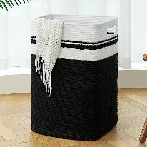 OIAHOMY 91L Laundry Hamper, XXXLarge Laundry Basket, Collapsible Cotton Rope Basket,Woven Storage Basket for Blankets,Clothes,Pillows-16x15x24-Black&white