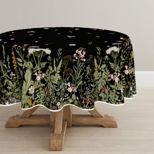 Horaldaily Spring Tablecloth 60??60 Inch Round, Black Wild Flower Daisy Washable Seasonal Table Cover for Party Picnic Dinner Decor