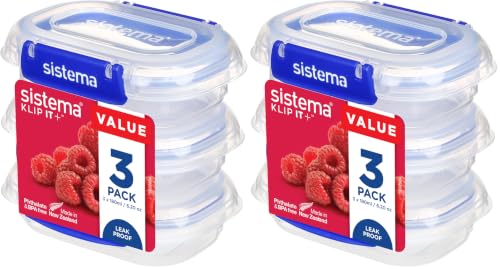 Sistema KLIP IT PLUS Food Storage Containers - 180ml Rectangle - Leak-Proof, Stackable & Airtight Fridge/Freezer Food Boxes with Lids - BPA-Free Plastic - Blue Clips - 3 Count (Pack of 2)