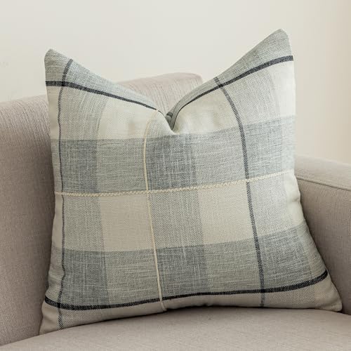 "vctops Rustic Lattice Cotton Linen Decorative Throw Pillow Cover Embroidery Square Cushion Cover Pillowcase for Sofa Bedroom Couch (Grey White Plaid, 18""x18"")"