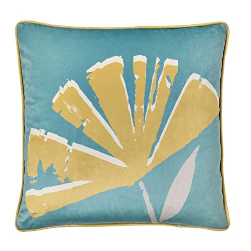 Fusion - Teal & Ochre Floral Cushion (43 x 43cm) - Soft Velvet Cushion with Filling Included - Reversible Design - Piped Edge - Cushions with Covers Included/Cushion Inserts - For Bedroom/Living Room