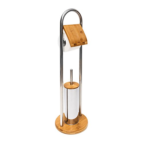 Relaxdays Bathroom Set Toilet Butler Made of Bamboo and Stainless Steel Toilet Roll Holder and Toilet Brush Holder with Plastic Toilet Brush With Hygienic Storage Container Stainless Steel, Natural