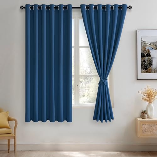 JIUZHEN Classic Blue Blackout Curtains with Tiebacks Thermal Insulated, Light Blocking and Noise Reducing Grommet Curtains for and Living Room, Set of 2 Window Curtain Panels, 70 x 63 Inch Length