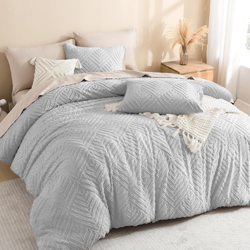 Litanika Oversized King Comforter Set, 3 Pcs Tufted Boho Bedding Set - Light Grey Farmhouse Shabby Chic Vintage Bohemian Textured Aesthetic Soft Fluffy Lightweight Breathable All Season Bed Set