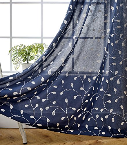 MIUCO Floral Embroidered Semi Sheer Curtains Faux Linen Grommet Curtains for Bedroom 52 x 84 Inch 2 Panels, Navy Blue