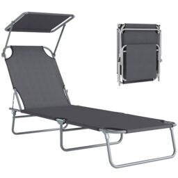 Outsunny Folding Sun Lounger with Canopy, Reclining Sunbed with 4-Position Adjustable Backrest, 600D Oxford Cloth, Portable Garden Lounger Recliner Chair for Beach, Camping, Patio, Grey