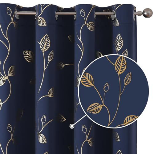 BUHUA Heat Blocking Curtains, Black Out Curtains 95 Inch Long 2 Panels Burg, Soundproof Curtains with Gold Leaf Printed (52 x 95 Inch, Navy Blue, Set of 2 Panels)