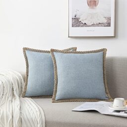 NordECO HOME Pack of 2 Linen Blue Cushion Covers 50x50 cm Decorative Farmhouse Burlap Trimmed Edges 20x20 for Sofa Decor