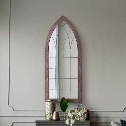"MirrorOutlet The Kirkby - Rustic Metal Framed Gothic Arched Wall Mirror 43"" X 20"" (109CM X 51CM) Glass Mirror with Black All weather Backing, Bronze"