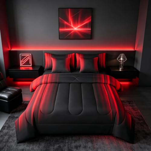 Feelyou Abstract Ombre Comforter Set with Sheets Kids Teens Red and Black 7 Piece Bedding Set Room Decor Full Size