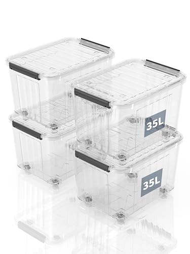 SpaceXpert Plastic Storage Boxes with Lid, Striped Storage Box with Wheels 35L, Stackable Container for Home Office Accessories, Clear Bins, Polypropylene, Transparent, 35L(Set of 4)