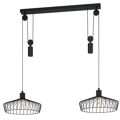EGLO Winkworth Pendant Light, 2-Bulb Vintage Industrial Retro Pendant Light Made of Steel in Black, Dining Table Lamp, Living Room Lamp Hanging with E27 Socket