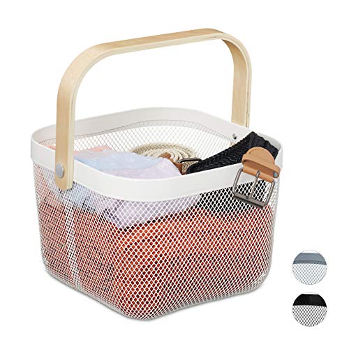 Relaxdays Storage Basket, with Handle, Clothes, Deco, Steel & Wood, Utensil Basket, HBT: 17.5 x 26 x 24.5 cm, White