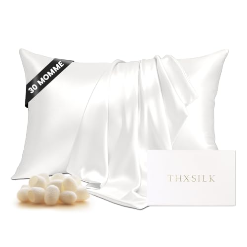 "THXSILK 100% Pure Mulberry Silk Pillowcase for Hair and Skin, 30 Momme Grade 6A+ Mulberry Silk, Durable, Soft and Breathable Silk Pillow Case (King 20""x36"", White)"