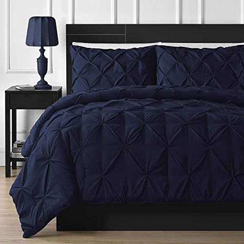 "Luxuriate Hotel 1000-TC Hypoallergenic Ultra Soft 100% Egyptian Cotton 98x120"" inch Over Size Super King Navy Blue Solid Pinch Plated Duvet Cover With Zipper Colser & 2pcs Pillow Case Set"