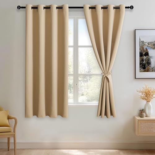 JIUZHEN Beige Blackout Curtains with Tiebacks Thermal Insulated, Light Blocking and Noise Reducing Grommet Curtains for Bedroom and Living Room, Set of 2 Window Curtain Panels, 52 x 63 Inch Length