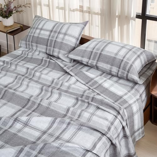 "King Sheets Set 4PC - Soft Cooling 1800 Thread Count Microfiber Printed Sheet, 8-17"" Deep Pocket Breathes Better, Hypoallergenic, Wrinkle Free, Machine Washable Grey Plaid Patterned Double Bedding"