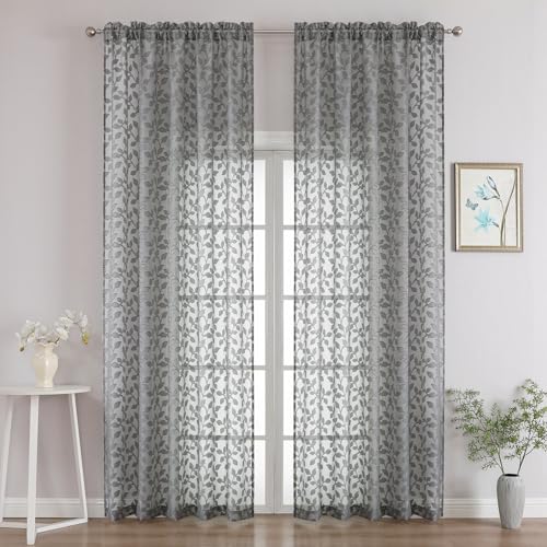 "Chyhomenyc Charcoal Grey Sheer Curtains 96 Inch Length 2 Panels Set, Light Filtering Tufted Textured Soft Airy Rod Pocket Gentle Leaf Window Treatment Drapes for Bedroom Living Room, 52"" Wx96 L, 2PCS"